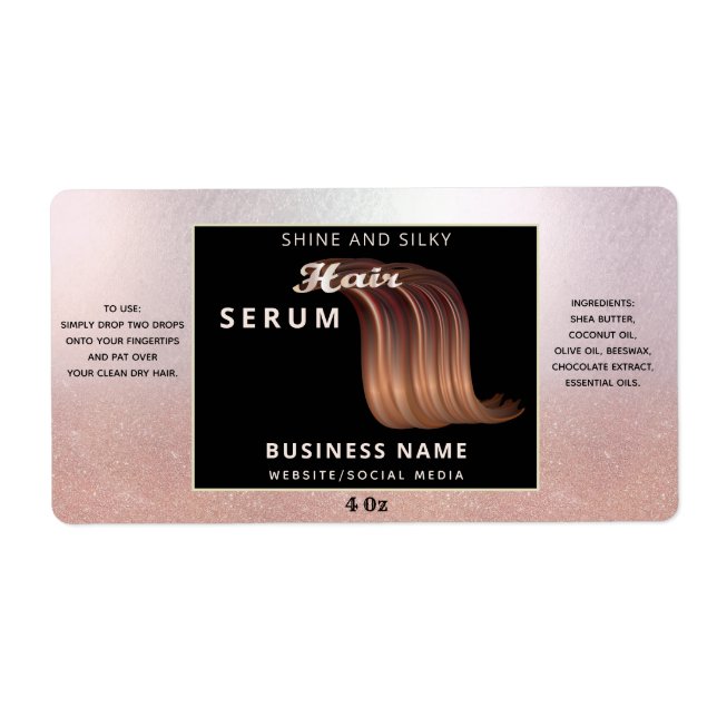 Modern rose gold glitter ombre  hair serum label (Front)