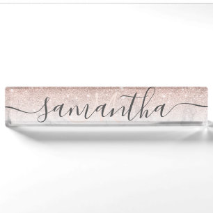 Modern rose gold glitter ombre marble monogram nameplate