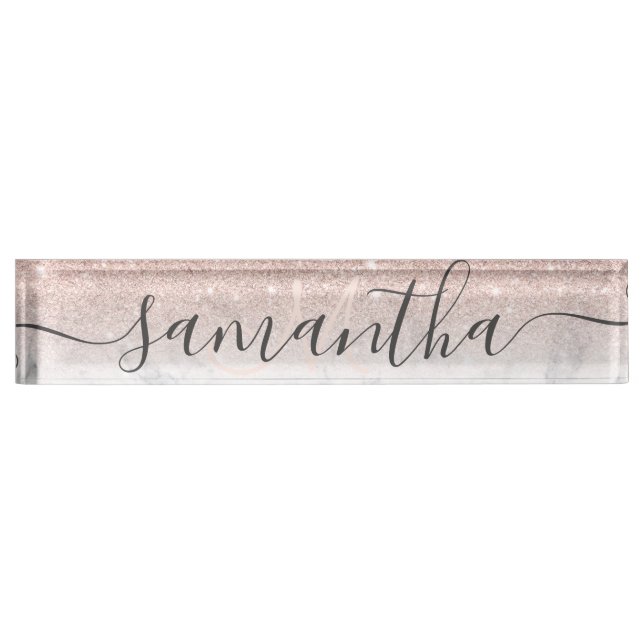 Modern rose gold glitter ombre marble monogram nameplate (Front)