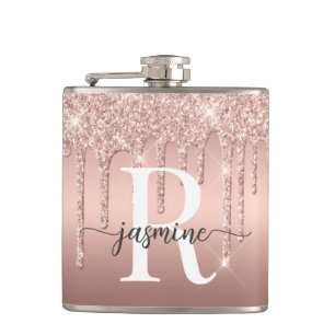 Modern Rose Gold Glitter Ombre Metal Monogram  Hip Flask