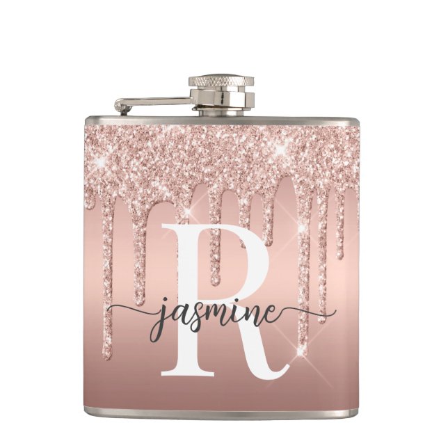 Modern Rose Gold Glitter Ombre Metal Monogram  Hip Flask (Front)