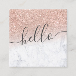 Modern rose gold glitter ombre white marble hello square business card