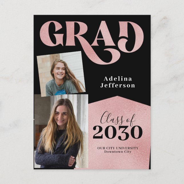 Modern rose gold glitter photo collage graduation announcement postcard (Front)