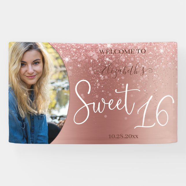 Modern Rose Gold Glitter Photo Sweet 16 Banner (Horizontal)