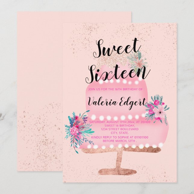 Modern rose gold glitter pink floral cake Sweet 16 Invitation (Front/Back)