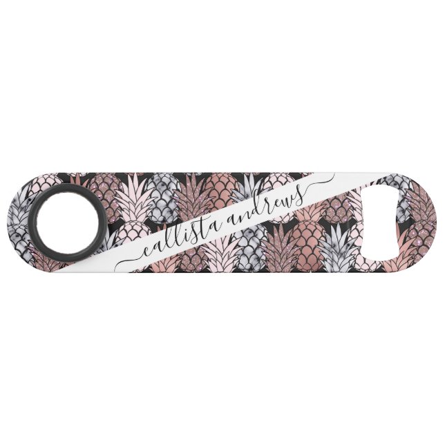 Modern Rose Gold Glitter Pink Pineapples Pattern Bar Key (Front (Horizontal))