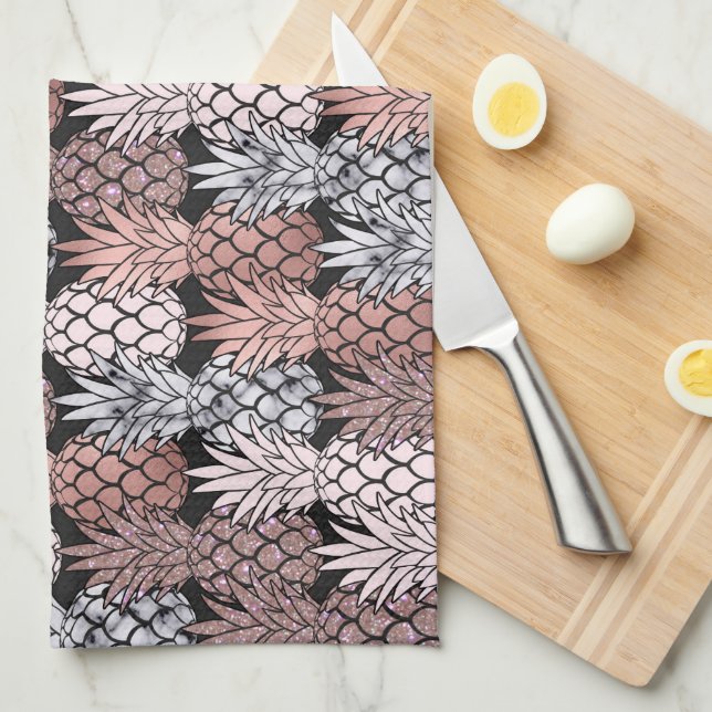 Modern Rose Gold Glitter Pink Pineapples Pattern Kitchen Towel (Quarter Fold)