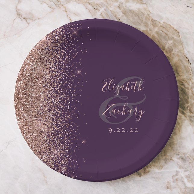Modern Rose Gold Glitter Purple Wedding Paper Plate (Creator Uploaded)