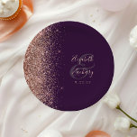 Modern Rose Gold Glitter Purple Wedding Paper Plate<br><div class="desc">These elegant modern wedding plates feature a rose gold faux glitter edge. Easily customize the rose pink text on a purple background,  with the names of the bride and groom in whimsical handwriting calligraphy over a large charcoal grey ampersand.</div>