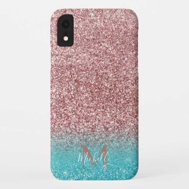 Modern Rose Gold Glitter & Teal Ombre Monogram Case-Mate iPhone Case (Back)