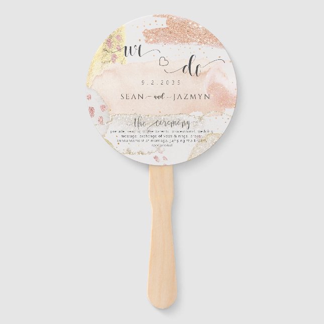 Modern Rose Gold Glitter Wedding Program Hand Fan (Front)