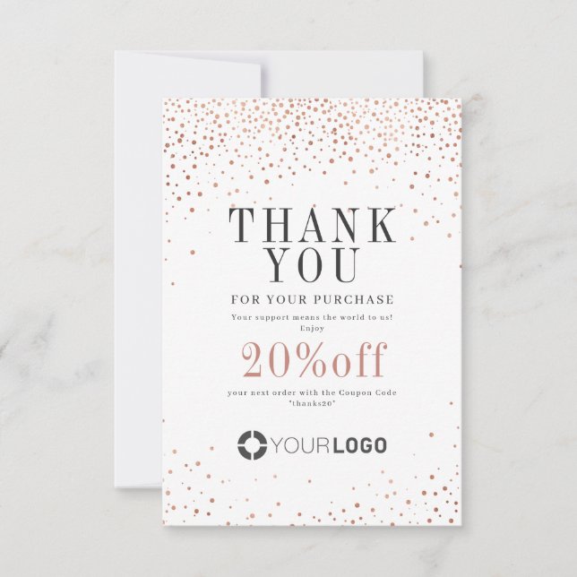 Modern rose gold glitter with logo small business thank you card (Front)