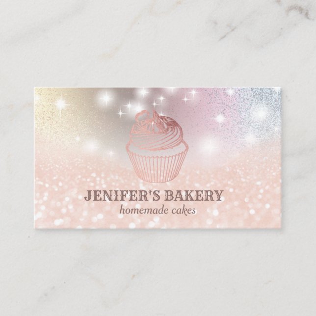 Modern rose gold glittery cupcake homemade bakery business card (Front)