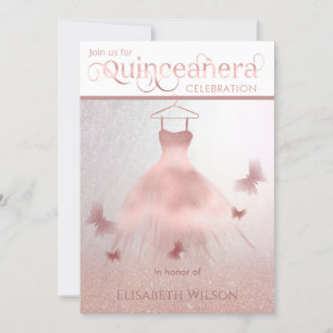 Modern rose gold glittery ombre dress Quinceañera  Invitation