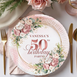 Modern Rose Gold Greenery 50th Birthday Glitter Paper Plate