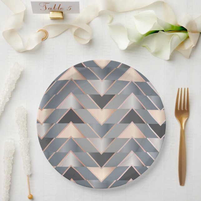 Modern Rose Gold & Grey Geometric Chevron Paper Plate (Wedding)