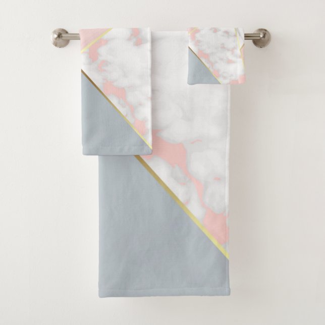 Modern Rose Gold Grey Marble Look Geometric Bath Towel Set (Insitu)