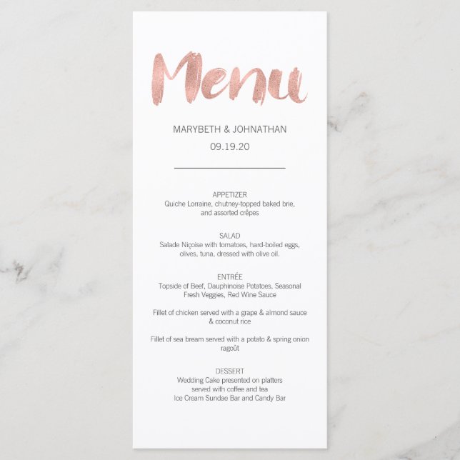 Modern Rose Gold Love Wedding Menu Card (Front)