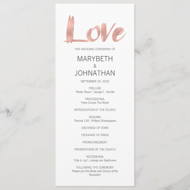 Modern Rose Gold Love Wedding Program (Front)