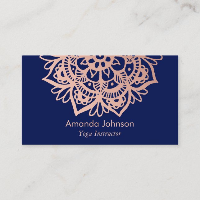 Modern Rose Gold Mandala Dark Blue Yoga Instructor Business Card (Front)