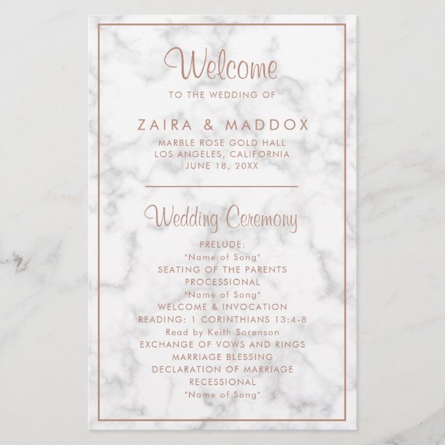 Modern Rose Gold Marble Budget Wedding Program (Front)