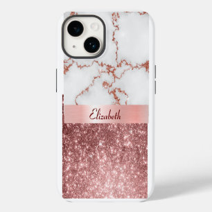 Modern Rose Gold Marble Faux Glitter Monogram iPhone 14 Case