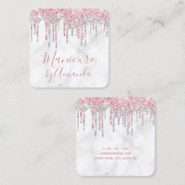 Modern rose gold & marble glitter drips manicure square business card (Front/Back)