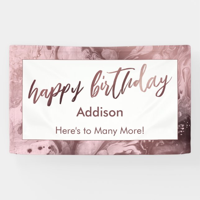 Modern Rose Gold Marble Pastel Pink Happy Birthday Banner (Horizontal)