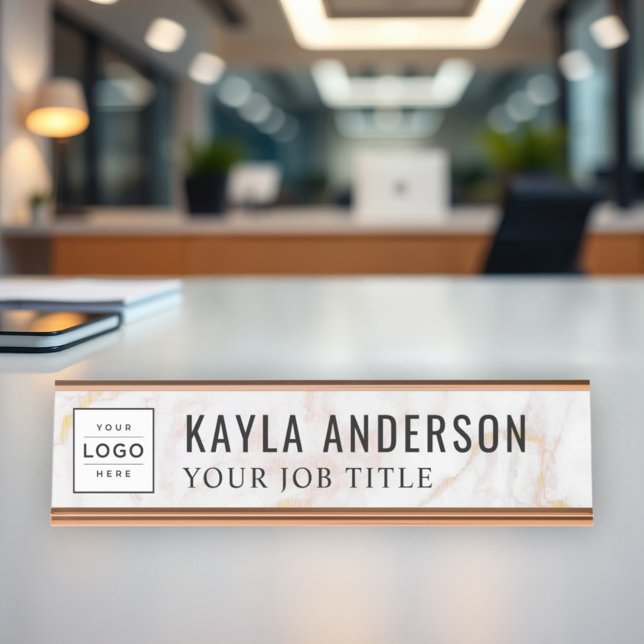 Modern Rose Gold Marble Personalized Business Logo Desk Name Plate (Creator Uploaded)