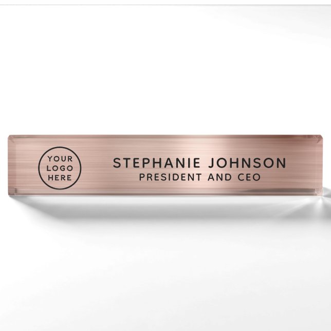 Modern Rose Gold Metallic Logo Boss Lady CEO Nameplate (Front)