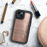 Modern Rose Gold Metallic Personalized Script<br><div class="desc">This trendy phone case features a modern background design of rose gold faux brushed metal foil. Personalize it with your name running vertically up the right side in white handwriting script.</div>