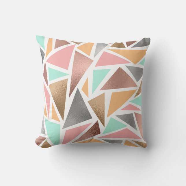 Modern Rose Gold Mint Metallic Triangles Geometric Throw Pillow (Front)