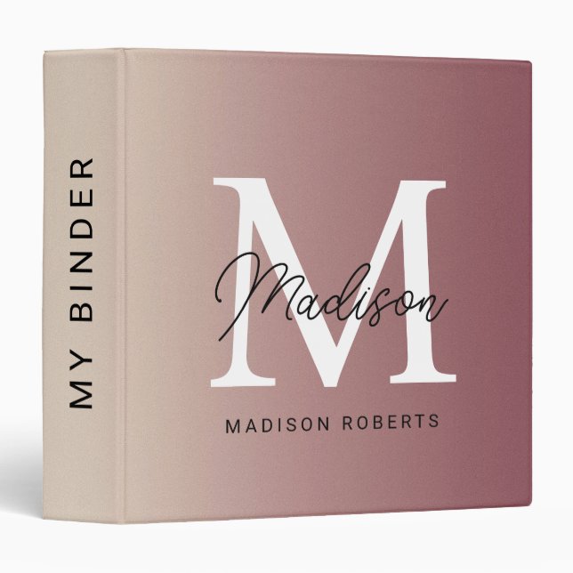 Modern Rose Gold Monogram Name  Binder (Front/Spine)