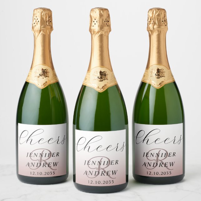 Modern Rose Gold Monogram Wedding  Sparkling Wine  Sparkling Wine Label (Bottles)