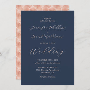 Modern Rose Gold Navy Blue Elegant Script Wedding Invitation