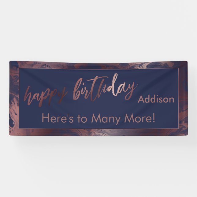 Modern Rose Gold Navy Blue Marble Happy Birthday Banner (Horizontal)