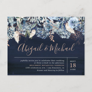 Modern Rose Gold & Navy Watercolor Floral Wedding Invitation Postcard