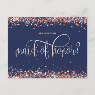modern rose gold navy will you be my maid of honou invitation