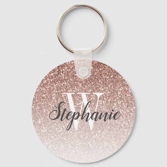 Modern Rose Gold Ombre Faux Glitter Monogram Keychain (Front)