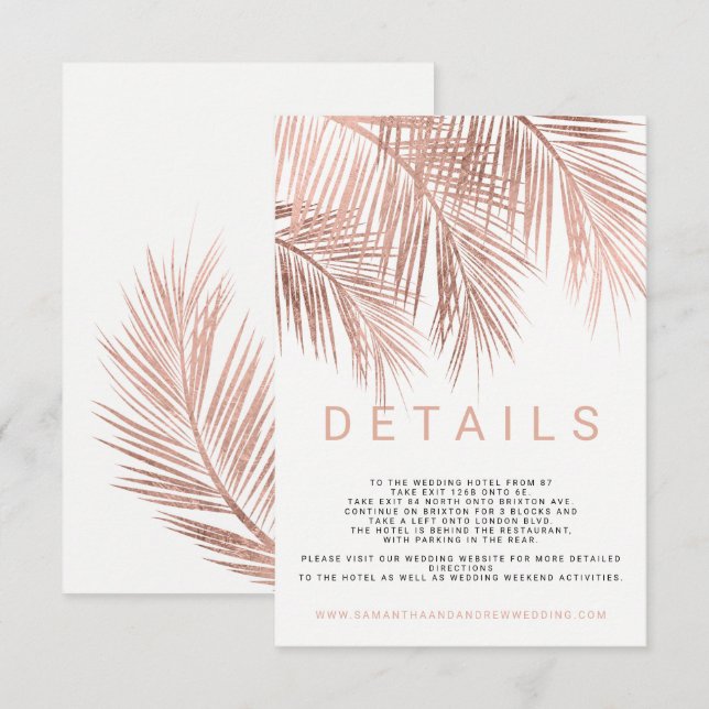 Modern rose gold palm tree elegant wedding details enclosure card (Front/Back)