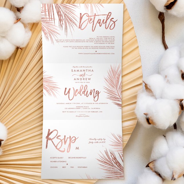 Modern rose gold palm tree elegant wedding  Tri-Fold invitation (Creator Uploaded)