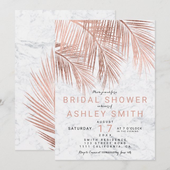 Modern rose gold palm tree marble Bridal shower Invitation (Front/Back)