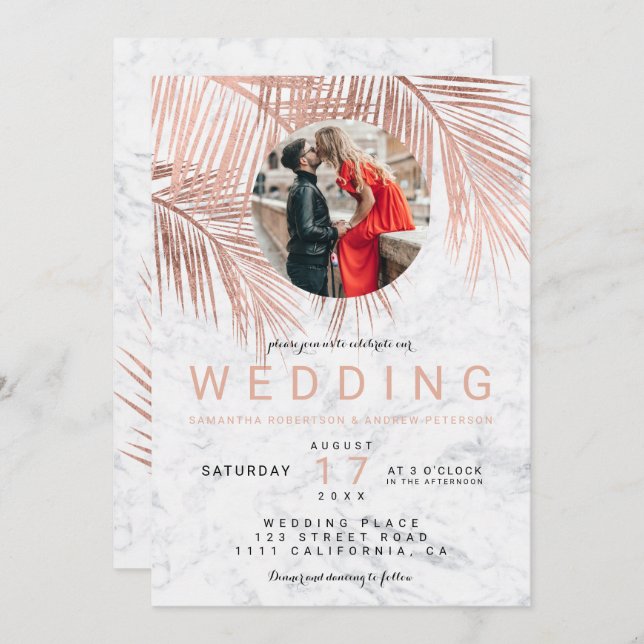 Modern rose gold palm tree marble photo wedding invitation (Front/Back)