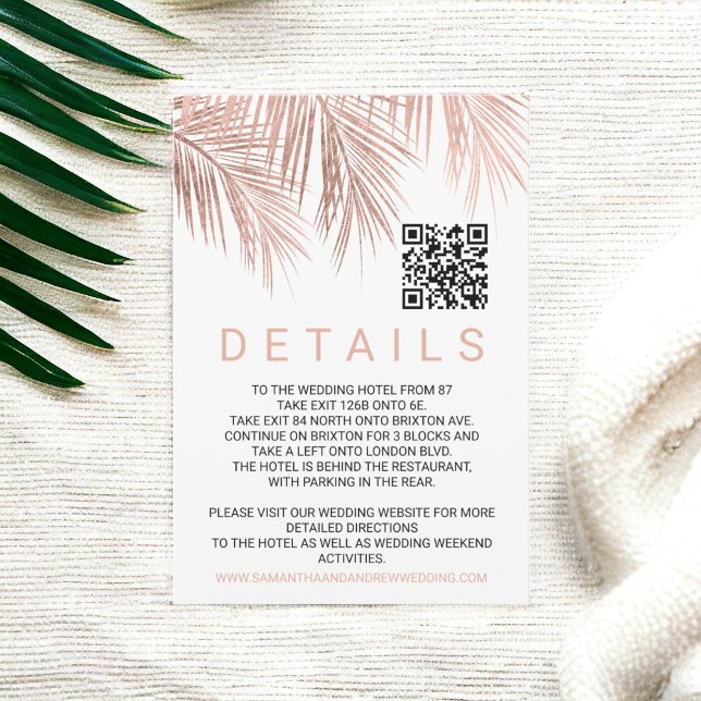 Modern rose gold palm tree Qr code wedding details Enclosure Card (Modern rose gold palm tree Qr code wedding details Enclosure Card)