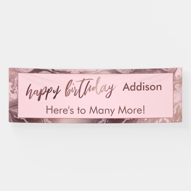 Modern Rose Gold Pastel Pink Marble Happy Birthday Banner (Horizontal)