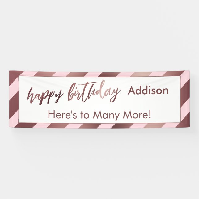 Modern Rose Gold Pastel Pink Stripe Happy Birthday Banner (Horizontal)