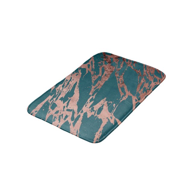Modern Rose Gold Peacock Teal Marble Bath Mat (Angled)