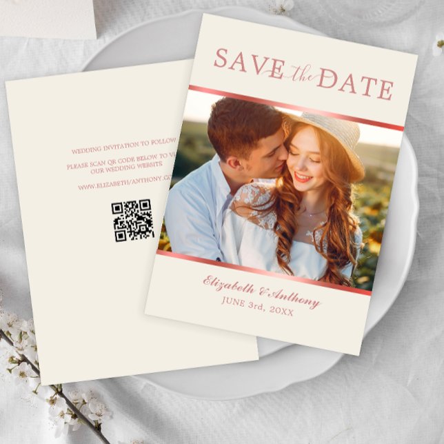Modern Rose Gold Photo QR Code Save the Date Card (Creator Uploaded)