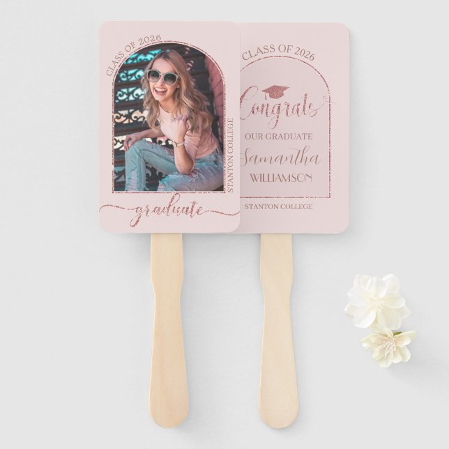 Modern Rose Gold Pink Arch Picture Graduation Hand Fan (Front and Back)