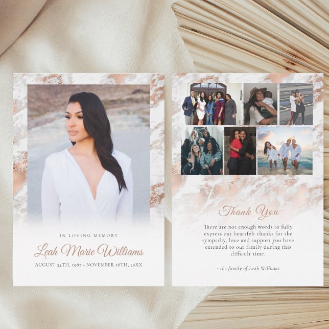 Modern Rose Gold Pink Marble Memorial Funeral  Thank You Card (Creator Uploaded)